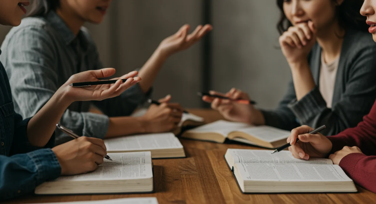Grupo de pessoas em estudo bíblico, discutindo e compartilhando interpretações das escrituras.