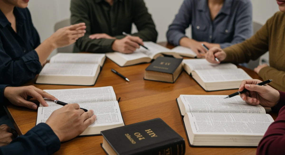 Grupo de pessoas em estudo bíblico, compartilhando diferentes versões da Bíblia, representando a comunidade e a troca de conhecimento.