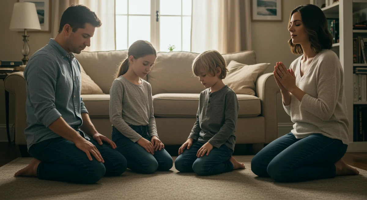 Família orando unida em casa, demonstrando fé e união familiar.