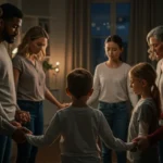 Oração em família: 15 minutos para fortalecer laços e união Família de mãos dadas em oração, simbolizando união e fé