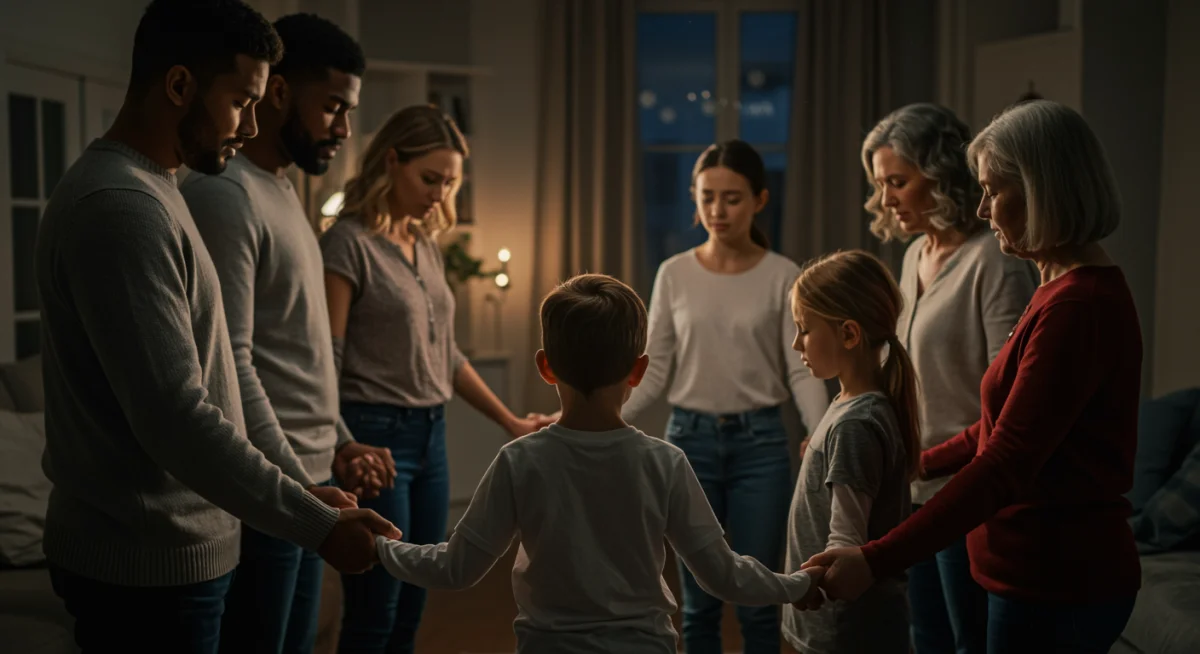 Família de mãos dadas em oração, simbolizando união e fé
