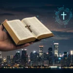 Futuro da humanidade com inteligência artificial e símbolos bíblicos, representando a conexão entre fé e tecnologia.