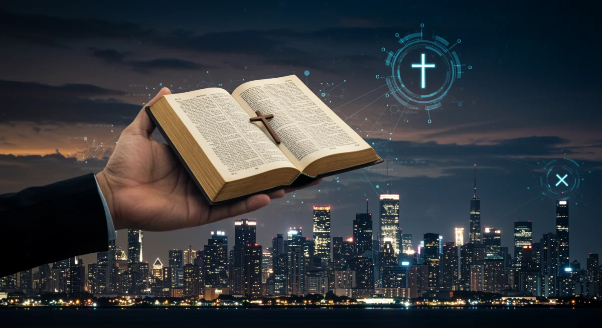Futuro da humanidade com inteligência artificial e símbolos bíblicos, representando a conexão entre fé e tecnologia.