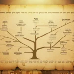 Um pergaminho antigo e detalhado da árvore genealógica de Jesus, conectando-o ao Rei Davi, com inscrições em hebraico e uma luz espiritual.