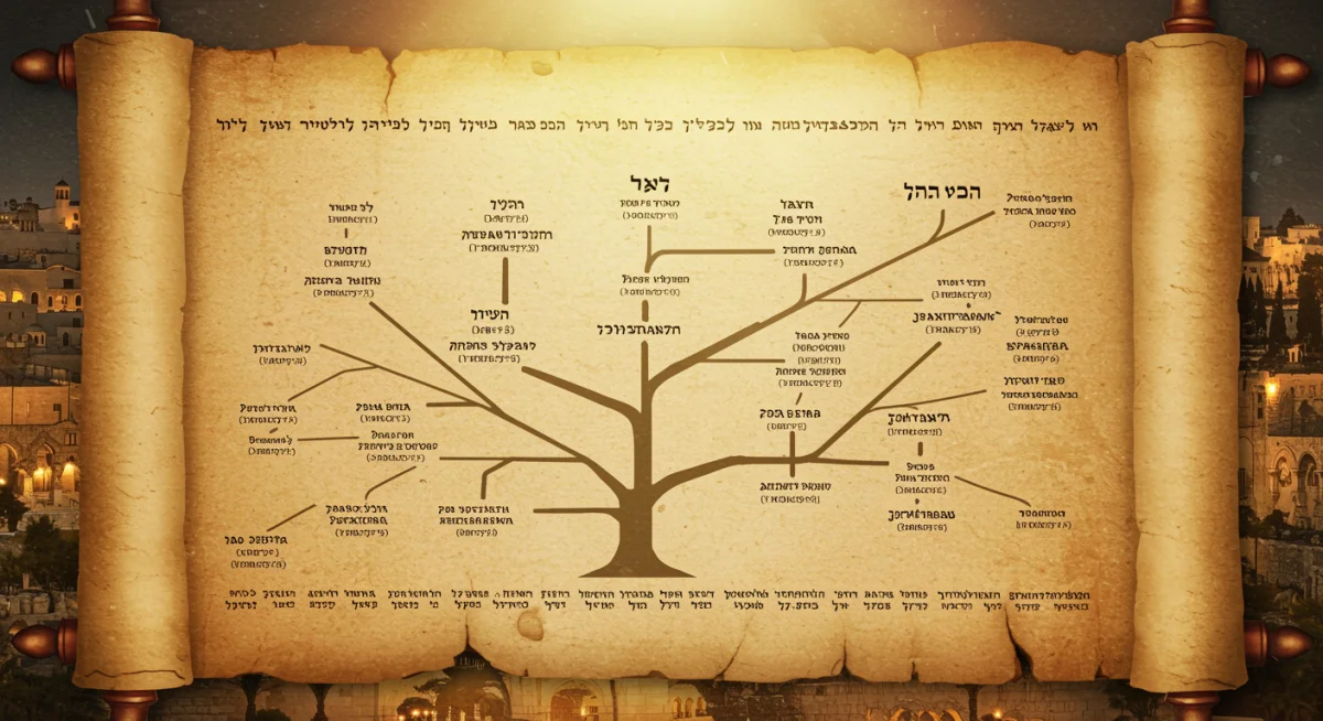 Um pergaminho antigo e detalhado da árvore genealógica de Jesus, conectando-o ao Rei Davi, com inscrições em hebraico e uma luz espiritual.