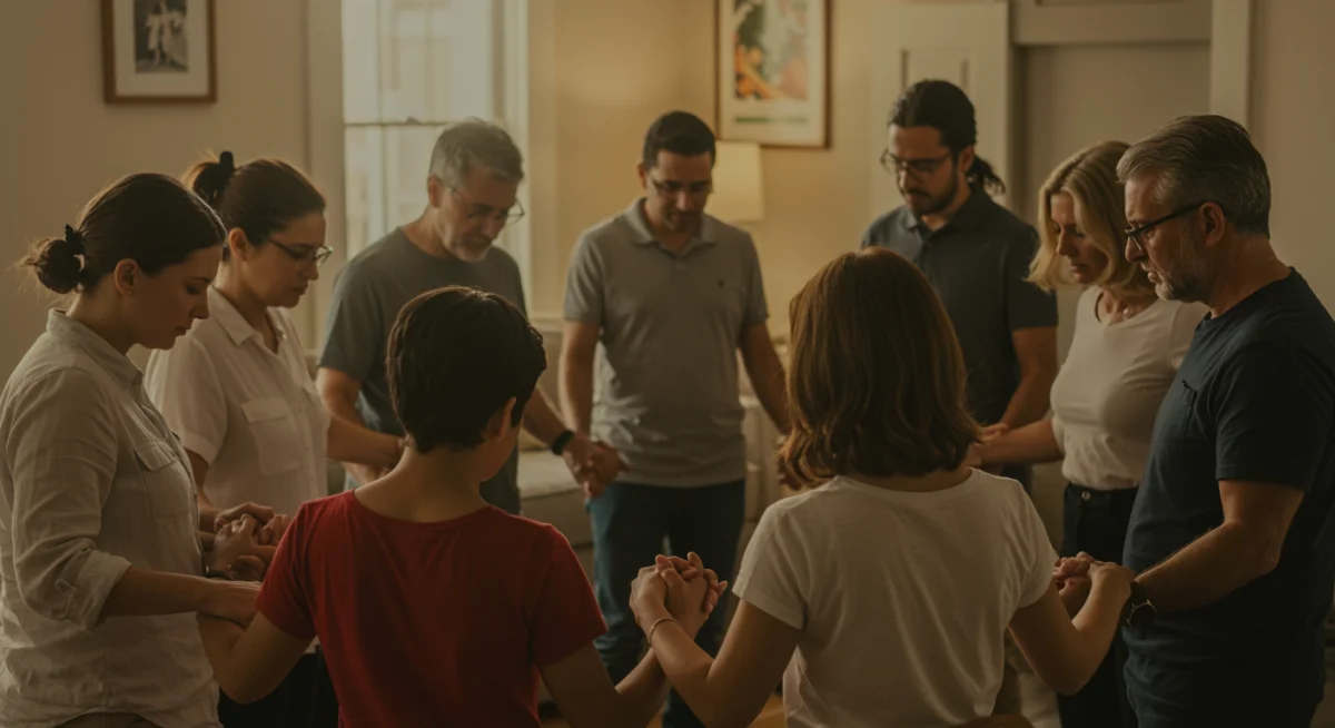 Grupo de oração compartilhando a fé para encontrar motivação mútua.