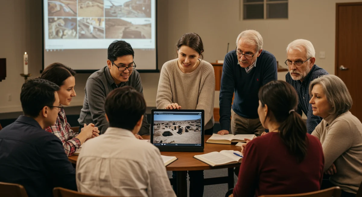 Grupo de estudo bíblico em uma igreja moderna, discutindo descobertas arqueológicas e seu impacto na fé.
