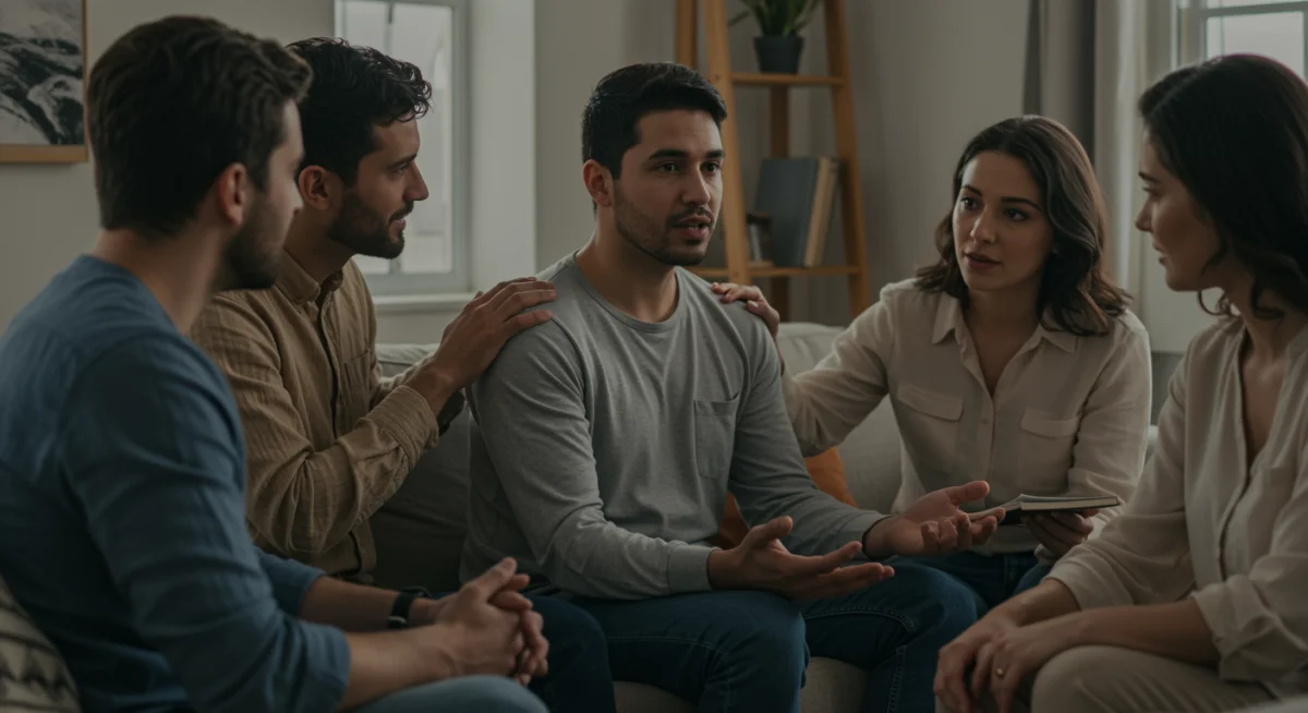 Amigos em um grupo de oração oferecendo apoio e conforto uns aos outros em um ambiente acolhedor.