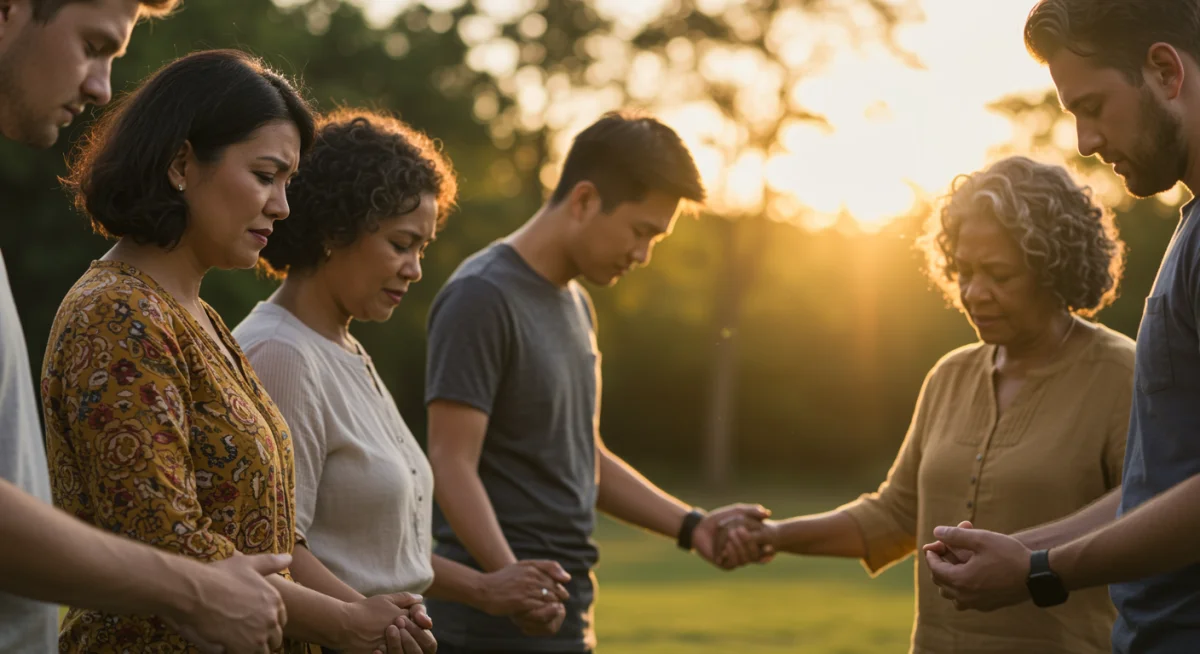 Grupo de pessoas de mãos dadas em oração, representando fé comunitária e união.
