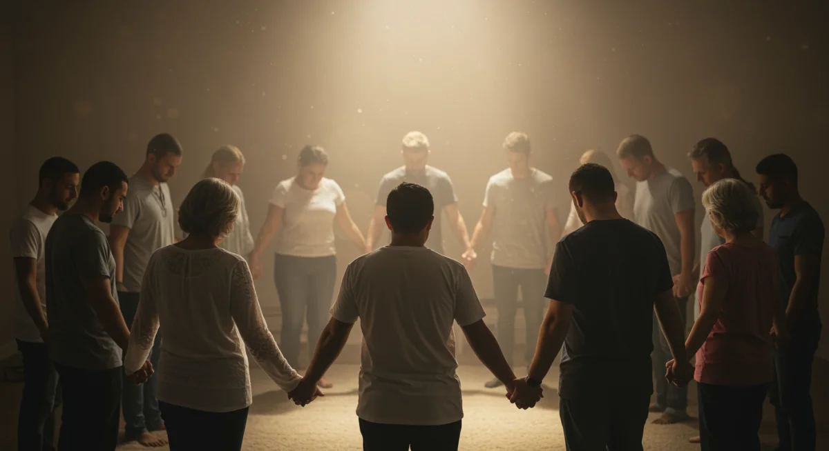 Grupo de pessoas de mãos dadas em um círculo, fazendo uma oração em concordância com uma luz divina no centro.