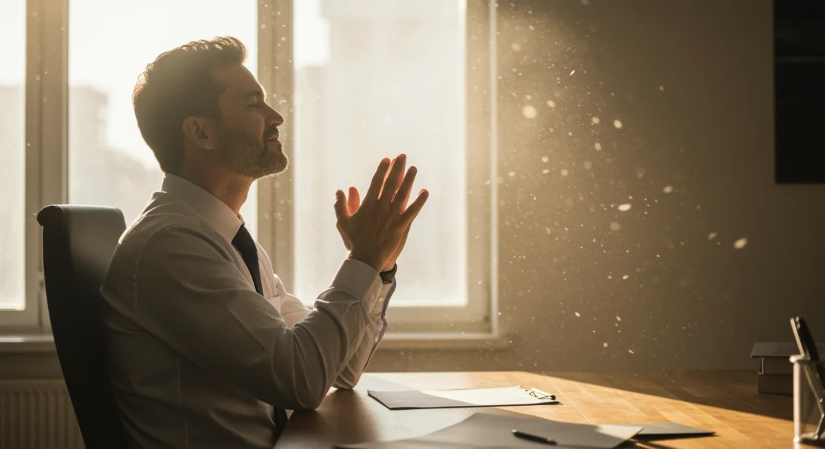 Homem fazendo uma oração para o trabalho em seu escritório iluminado pela luz do sol.