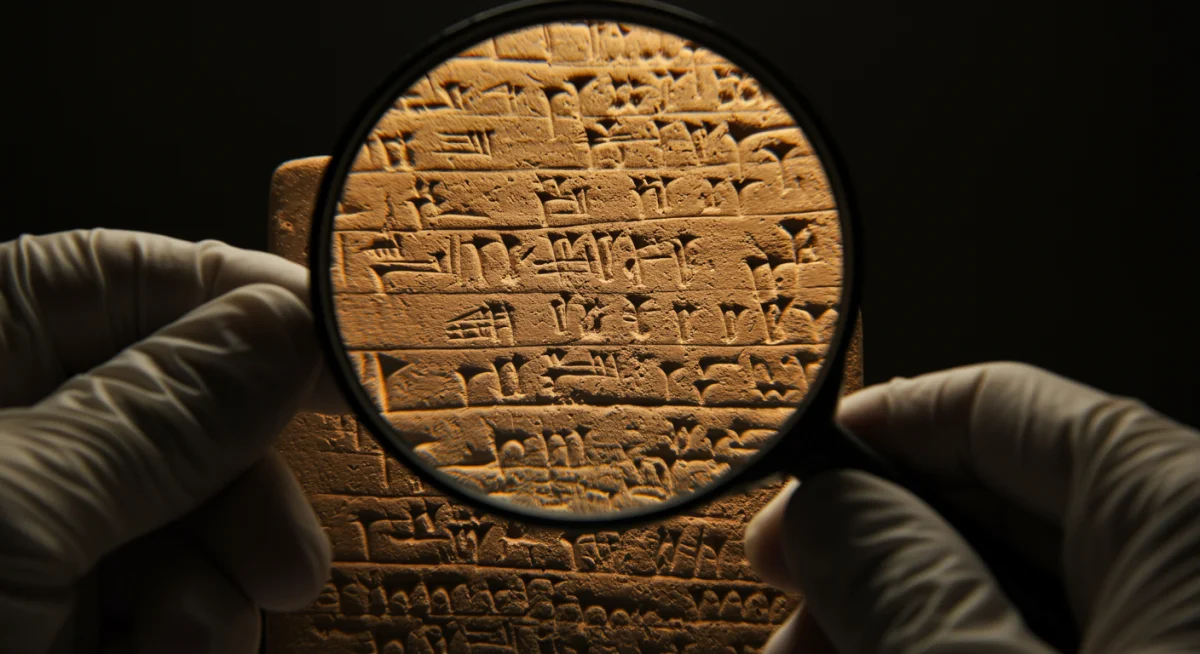 Detalhe de inscrição antiga em tábua de argila, evidência de textos e eventos históricos.