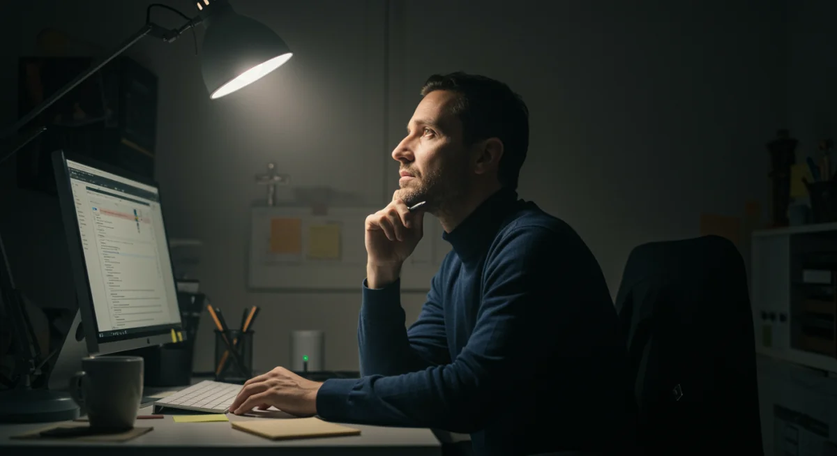 Profissional pensativo diante do computador, buscando inspiração e propósito em sua jornada de trabalho com fé.