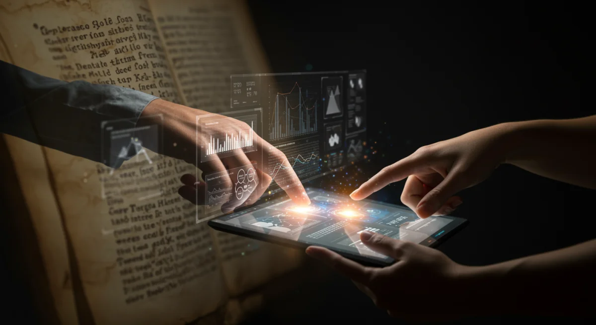 Mãos humanas interagindo com tecnologia digital, com textos bíblicos sugerindo orientação espiritual.