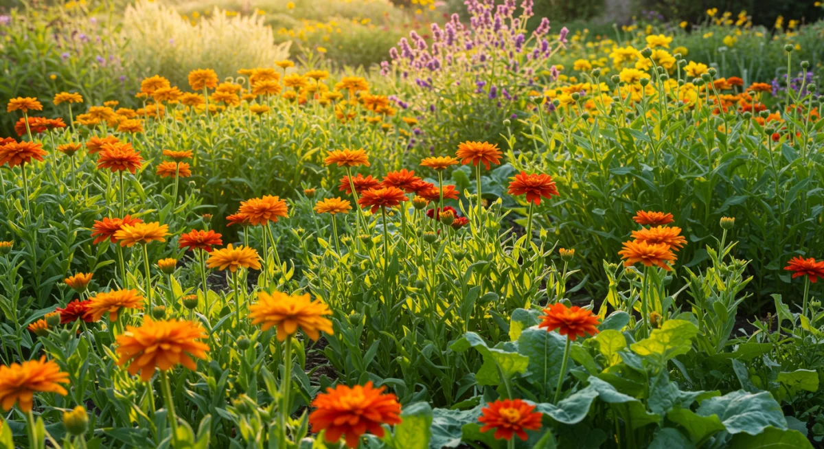 Jardim vibrante com flores e plantas em crescimento, simbolizando abundância e resultados de fé.