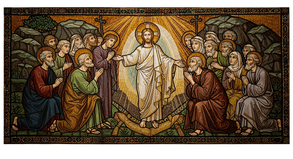 Mosaico representando Jesus aparecendo aos discípulos após a ressurreição, com expressões de surpresa e fé.
