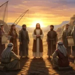 Jesus ensinando seus discípulos em uma paisagem rural da Galileia, com alguns deles segurando ferramentas de trabalho, simbolizando suas origens diversas.