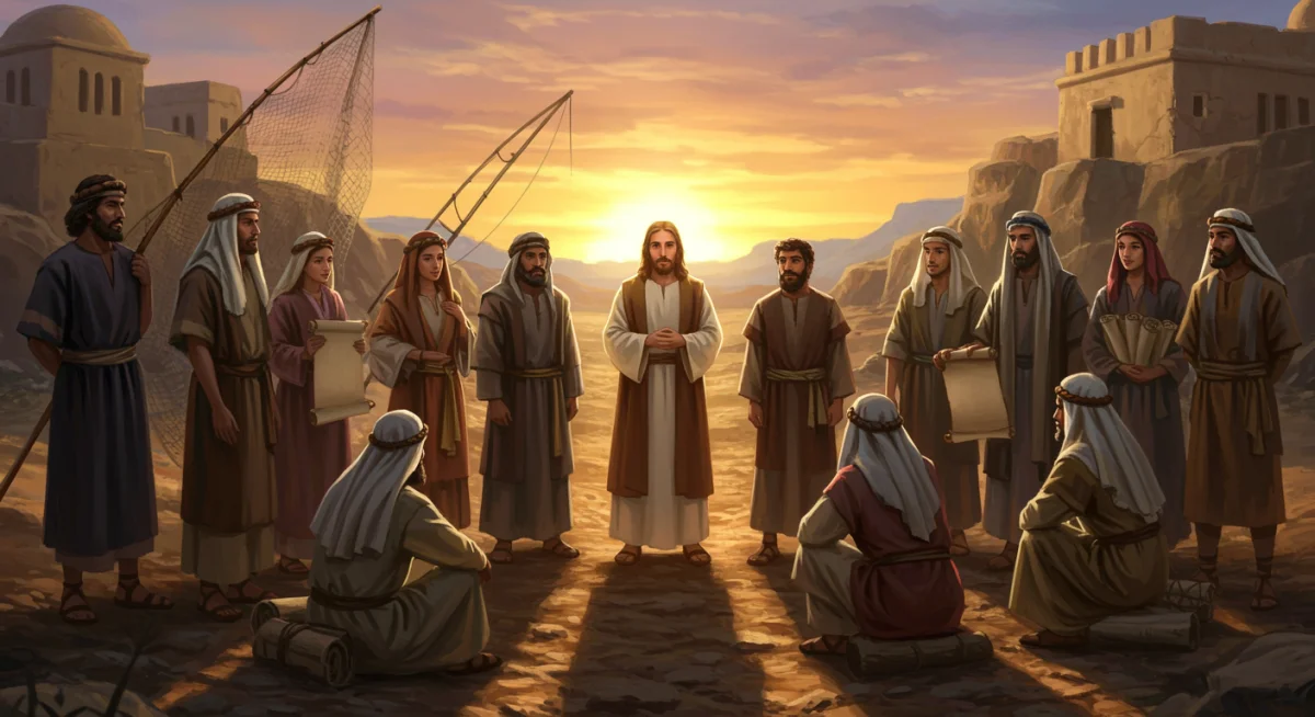 Jesus ensinando seus discípulos em uma paisagem rural da Galileia, com alguns deles segurando ferramentas de trabalho, simbolizando suas origens diversas.