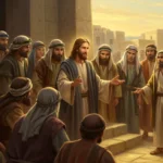 Jesus ensinando as parábolas para uma multidão atenta, com um cenário antigo e luz dourada.