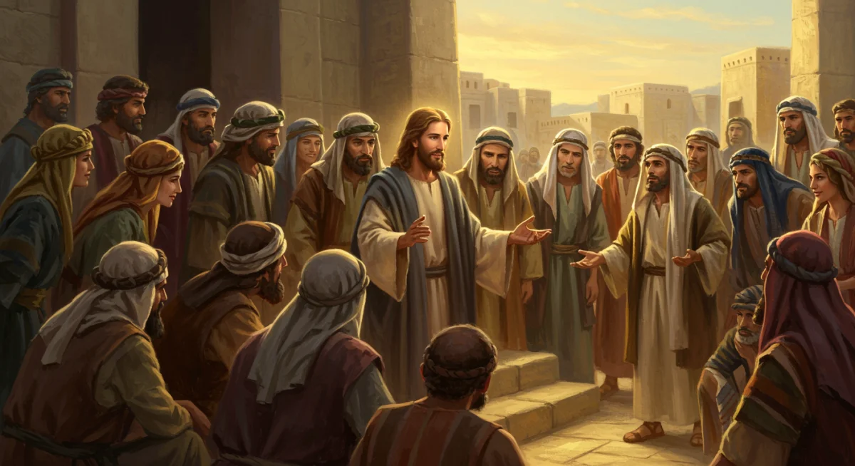 Jesus ensinando as parábolas para uma multidão atenta, com um cenário antigo e luz dourada.