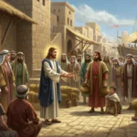 Jesus realizando um milagre em uma vila galileia do século I, com pessoas reagindo e elementos econômicos visíveis ao fundo.