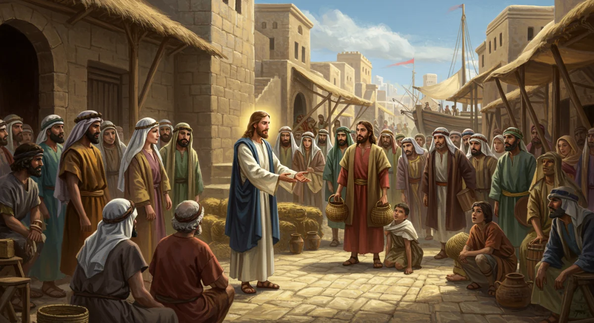 Jesus realizando um milagre em uma vila galileia do século I, com pessoas reagindo e elementos econômicos visíveis ao fundo.