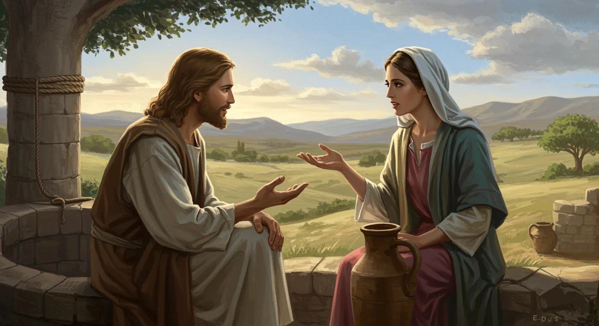 Jesus conversando com a mulher samaritana junto ao poço, mostrando um diálogo profundo e respeitoso que desafia as normas sociais da época.