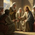 Jesus Cristo interagindo com mulheres de diversas origens, ensinando e demonstrando respeito, quebrando barreiras sociais e promovendo a igualdade em seu tempo.
