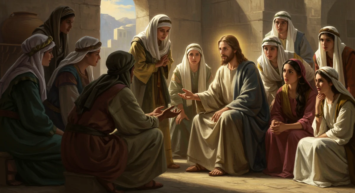 Jesus Cristo interagindo com mulheres de diversas origens, ensinando e demonstrando respeito, quebrando barreiras sociais e promovendo a igualdade em seu tempo.