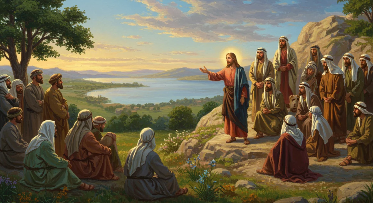 Jesus ensinando o Sermão da Montanha a uma multidão em uma encosta, com o mar da Galileia ao fundo, simbolizando a mensagem de esperança e transformação.