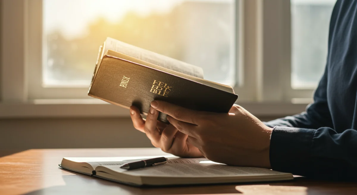 Pessoa lendo a Bíblia com atenção, em um ambiente tranquilo, simbolizando a devoção e o estudo pessoal.