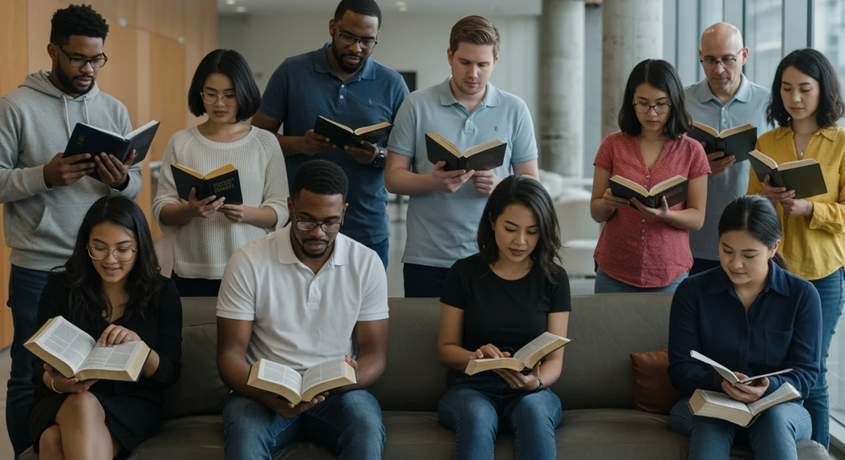 Pessoas de diversas idades lendo e discutindo diferentes traduções da Bíblia.