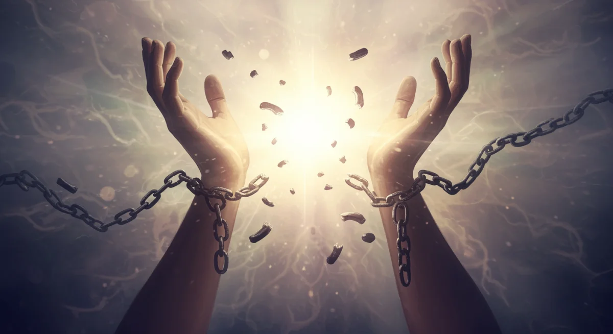 Correntes quebrando, simbolizando a libertação do passado e cura emocional.
