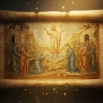 Manuscrito antigo detalhando a ressurreição de Jesus com luz divina.