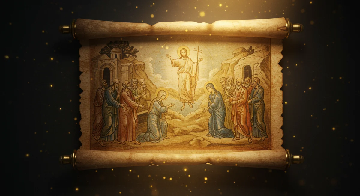 Manuscrito antigo detalhando a ressurreição de Jesus com luz divina.