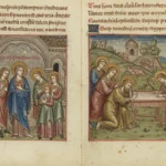 Manuscrito antigo de um evangelho apócrifo iluminado, com cenas da vida de Jesus não canônicas.