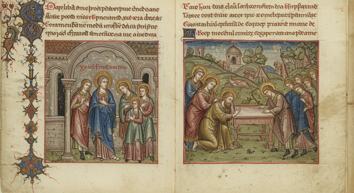 Manuscrito antigo de um evangelho apócrifo iluminado, com cenas da vida de Jesus não canônicas.