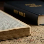 Manuscritos bíblicos antigos e uma Bíblia moderna, simbolizando a busca pela fidelidade nas novas traduções.