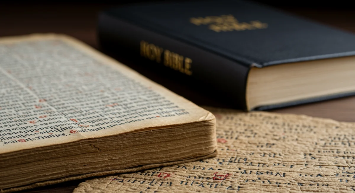 Manuscritos bíblicos antigos e uma Bíblia moderna, simbolizando a busca pela fidelidade nas novas traduções.