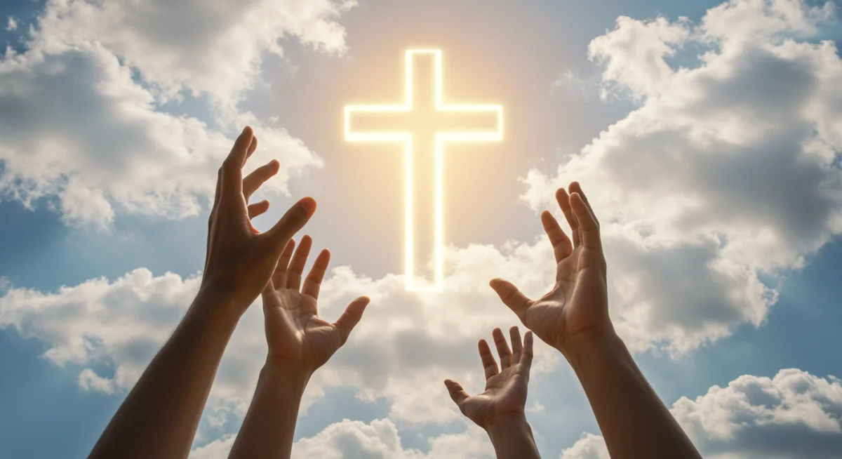 Mãos alcançando cruz brilhante no céu, simbolizando fé, aspiração e orientação divina para objetivos.