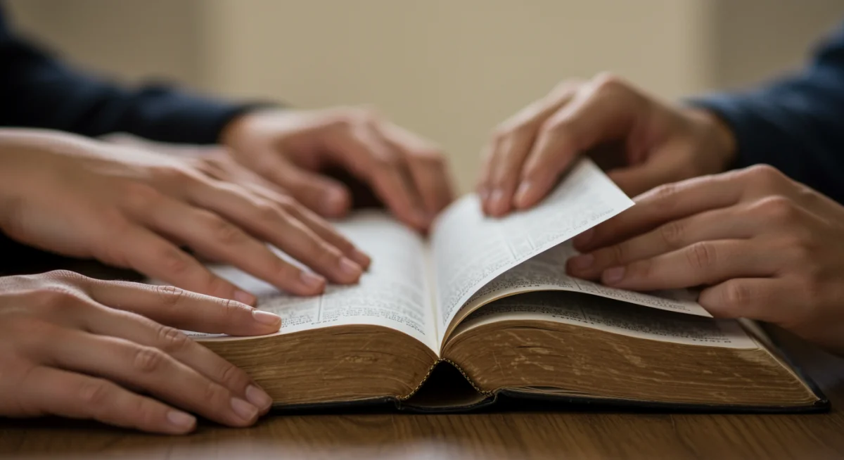 Mãos folheando a Bíblia, buscando sabedoria divina.