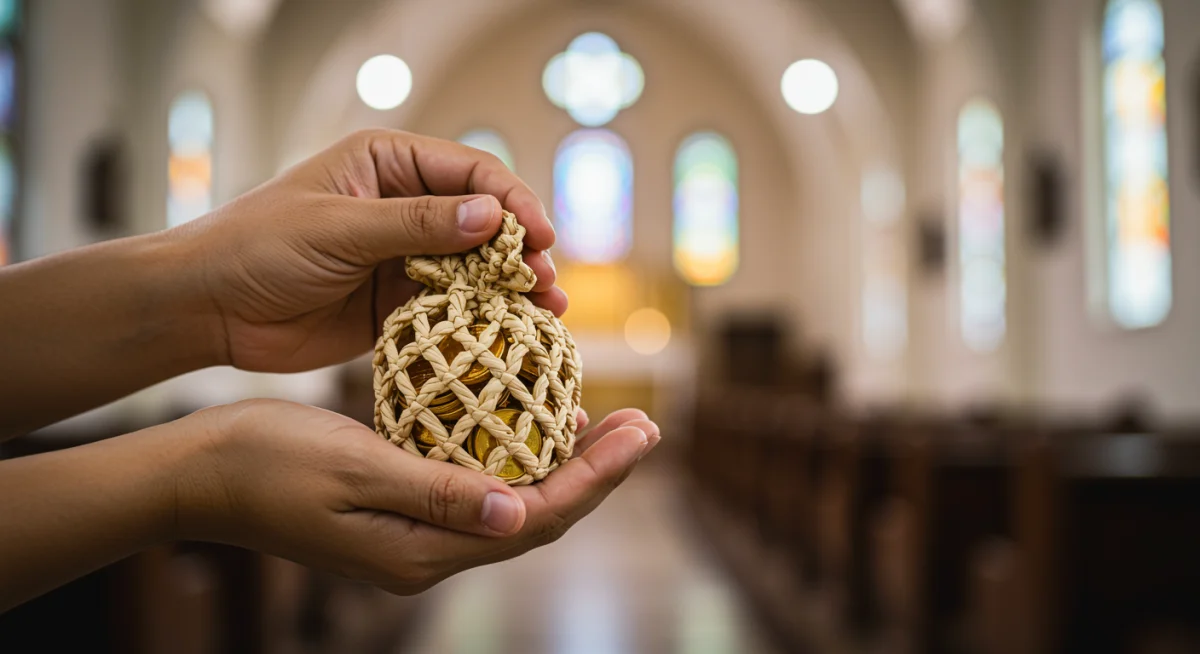 Mãos segurando uma oferta em um ambiente de igreja, simbolizando generosidade e dízimo.