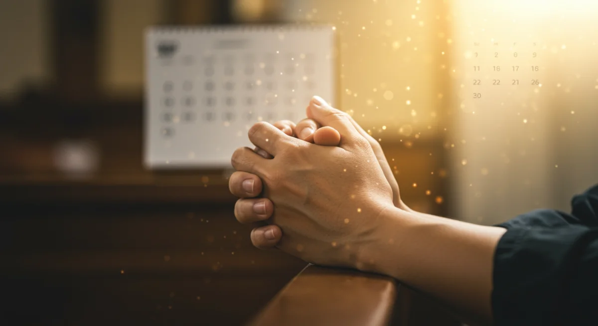 Mãos em oração, simbolizando fé e esperança para o ano de 2025, com luz suave e atmosfera de paz.