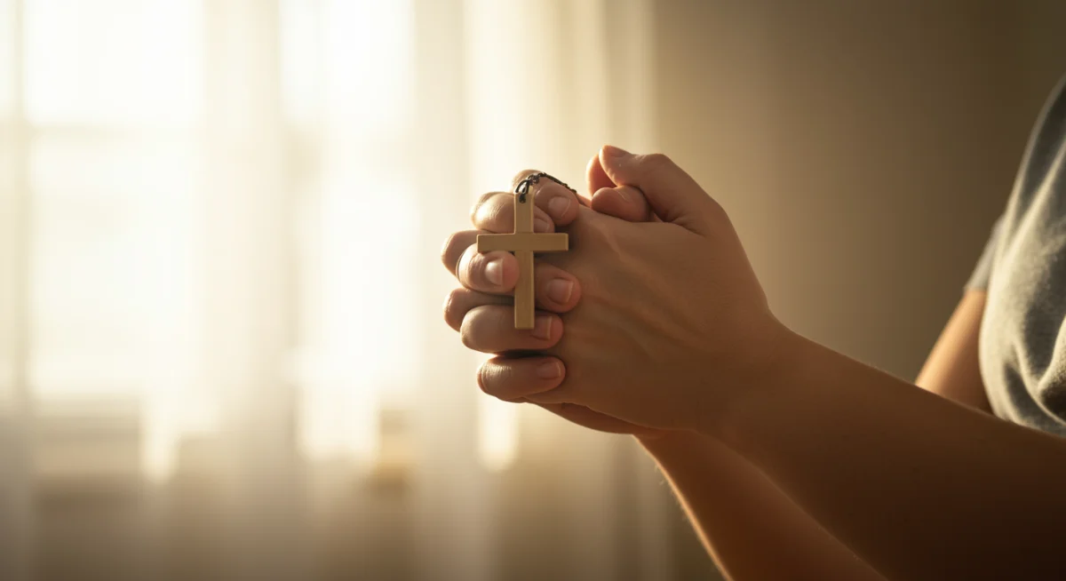 Mãos unidas em oração de gratidão, com uma luz suave iluminando um ambiente de fé e esperança.