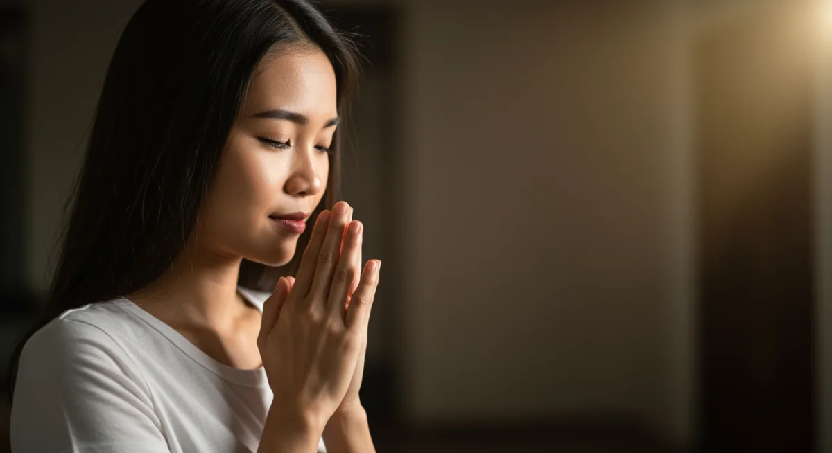 Mãos em oração com luz suave, simbolizando gratidão e conexão espiritual.