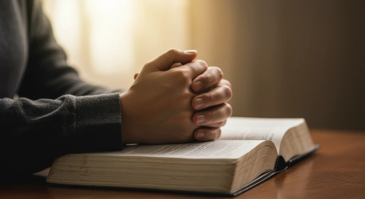 Mãos unidas em oração sobre uma Bíblia aberta, simbolizando o poder da oração intercessória.