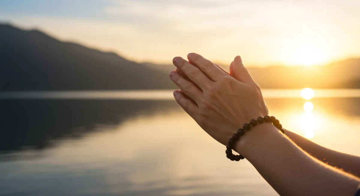 Mãos em oração, simbolizando perdão e cura interior, com luz suave ao fundo.