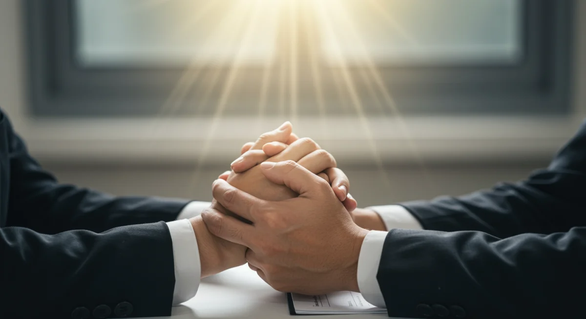 Mãos unidas em oração, simbolizando a busca por força e superação de desafios no ambiente profissional.