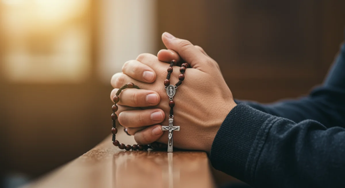 Mãos unidas em oração, segurando um terço, transmitindo devoção e conexão espiritual profunda.