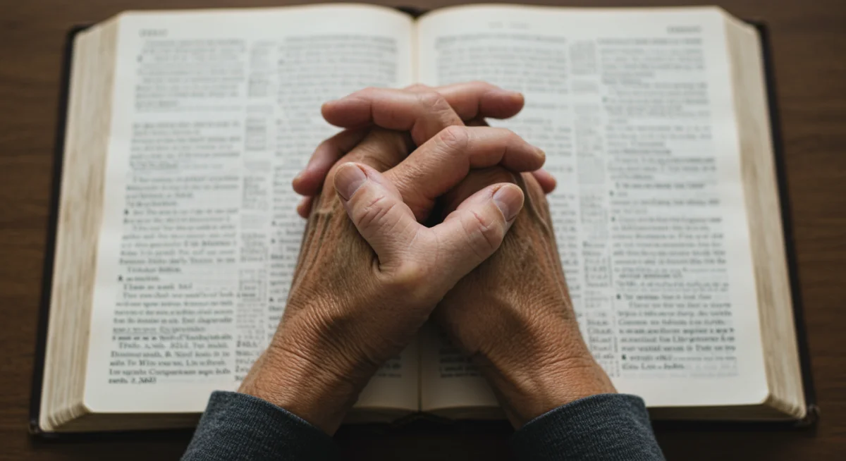 Mãos unidas em oração sobre uma Bíblia aberta, representando a busca por orientação na fé.